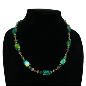 Necklace - Dichronic Turquoise & Green Artglass Iridescent Glass Beads